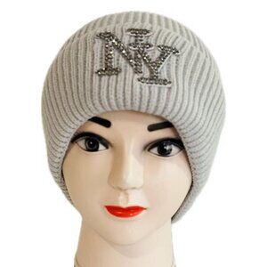 Men Women Rhinestones NY Winter Knit Fur lined Thick Beanie Hat -Gray